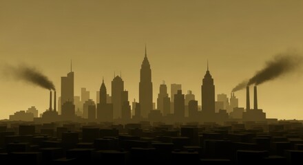 Fototapeta premium Silhouette of a polluted city skyline with factories and smog.