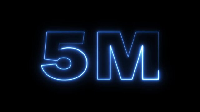 5 Million celebration, social media effect neon glow 5M text animation on black background. 