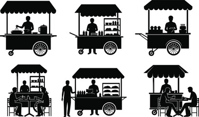 Street food cart vendor silhouettes mobile market stall black vector illustration isolated on white background urban business concept © Rabbi creatives