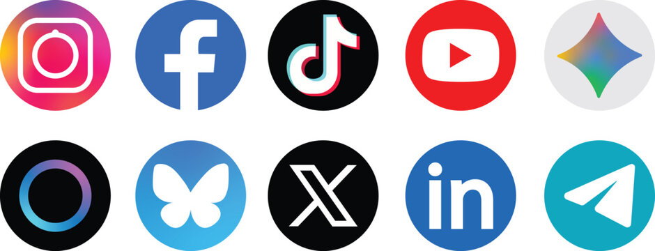 Social media logo collection, Facebook, Threads, X, Twitter, Instagram, YouTube, Snapchat, Pinterest, WhatsApp, LinkedIn, TikTok symbols, professional vector illustration