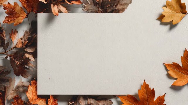 Autumn leaves frame a blank white card on a textured background, creating a cozy seasonal composition. Perfect for fall greetings, invitations, or Thanksgiving messages