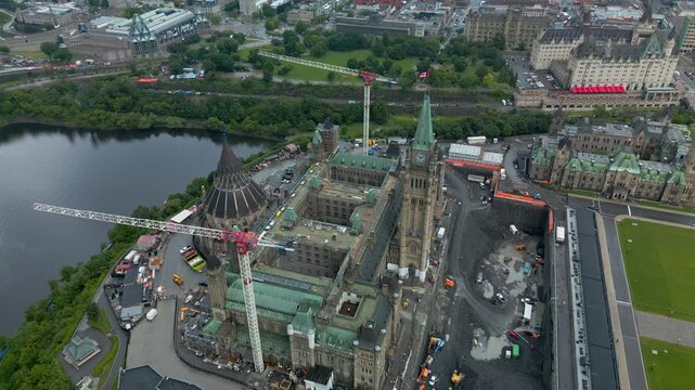 2023 Parliament front lawn is integrated into the extensive continuing Centre Block Rehabilitation Program a new underground Welcome Centre (PWC) beneath the lawn ongoing cost $5 billion so far aerial