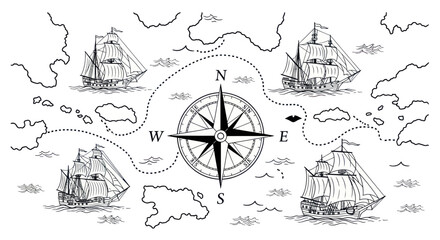 Vintage Pirate Map with Sailing Ships and Compass Rose © afgan
