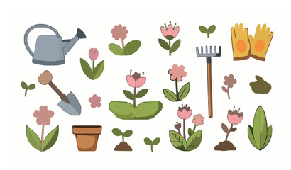 Cute spring garden vector set with flowers plants and garden care tools isolated on white background © MdRiazul