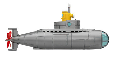 Stylized yellow and gray submarine with red propeller