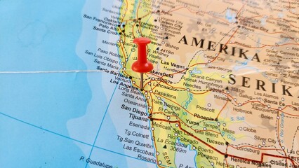 View of Los Angeles, Seat of Los Angeles County, and largest city in California, United States, on a geographical map of America, marked with red push pin