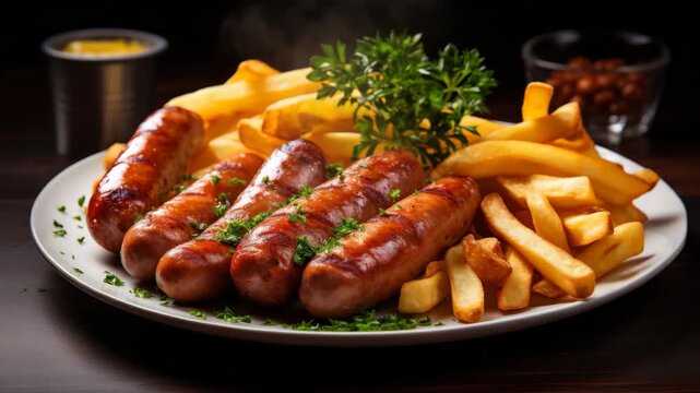 Grilled Sausages with Crispy French Fries
