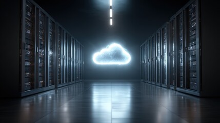Fototapeta premium Dedicated hosting server with cloud symbol projected above, symbolic clean tech image