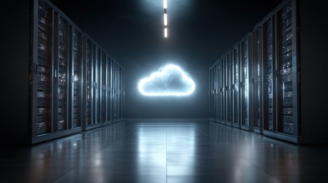 Dedicated hosting server with cloud symbol projected above, symbolic clean tech image