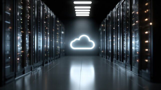 Dedicated hosting server with cloud symbol projected above, symbolic clean tech image