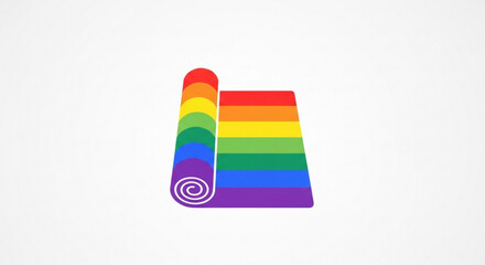 Vibrant rainbow colored yoga mat partially rolled up on a plain background for wellness and lgbtq pride