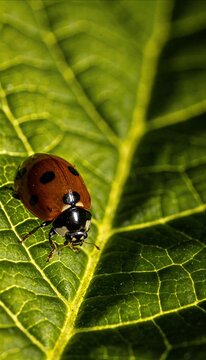 Macro bug life extreme closeup ladybug green leaf surface detail vein texture nature sunlight vibrant outdoor natural environment walking green leaf texture detail showing insect pattern and natural