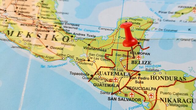 View of Belize, Country in Central America, on a geographical map of America, marked with red push pin