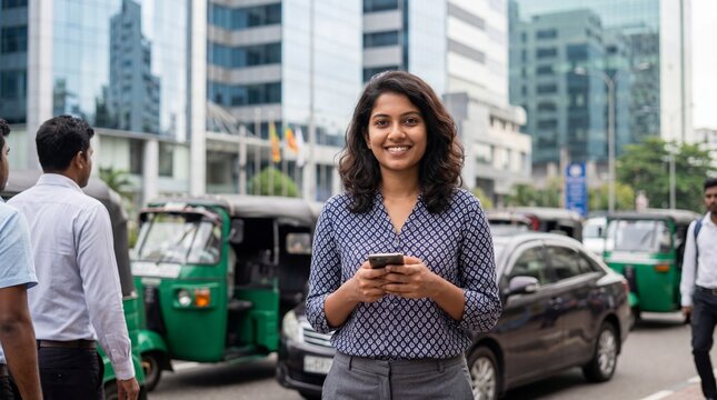 Young Sri Lankan woman smiling while holding a smartphone on a busy Colombo street with green tuk tuks and modern office towers blurred in the background, natural light and copy space.