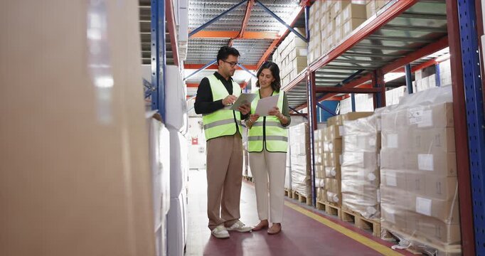 Two storage managers checking electronic consignment and paper waybill in warehouse, standing at metal shelves with stacked boxes, using logistic app on tablet. Full length candid shot