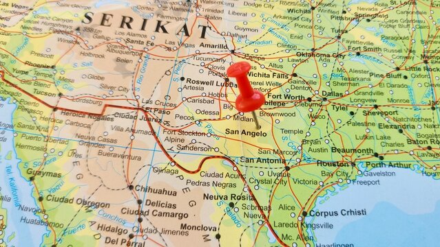View of San Angelo, is a city in and the county seat of Tom Green County, Texas, United States, on a geographical map of America, marked with red push pin