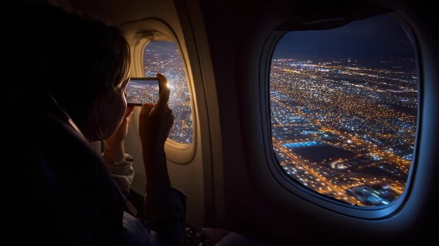 A traveler captures a stunning cityscape illuminated by thousands of lights through an airplane window during a night flight. Urban glow and travel vibes create a mesmerizing atmosphere
