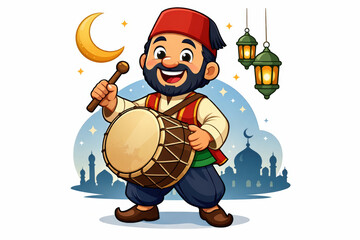 Naklejka premium Traditional Ramadan drummer with lantern