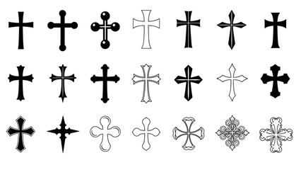 Fototapeta premium Assorted decorative crosses in various historical styles arranged in a grid display.