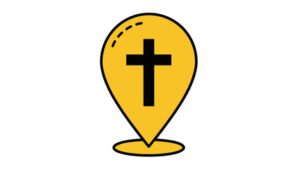Fototapeta premium Yellow map pin featuring a black cross symbol, representing a religious marker.