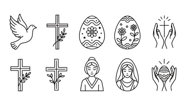 Set of Christian religious symbols including crosses doves prayer hands holy figures and icons collection.
