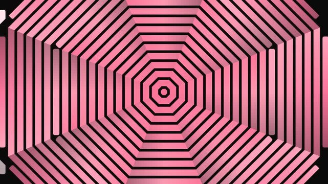 Abstract geometric optical illusion pattern with hypnotic concentric hexagons in pink and black minimalist design