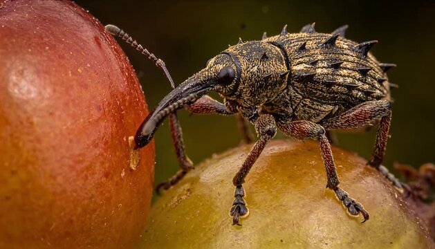 Macro bug life extreme detail spiky weevil portrait on grape surface with textured shell long curved snout intricate pattern tiny leg hair and vibrant natural background under soft natural light