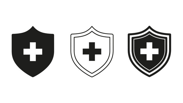 Triune shield emblems with medical cross for guardianship and protection design set.