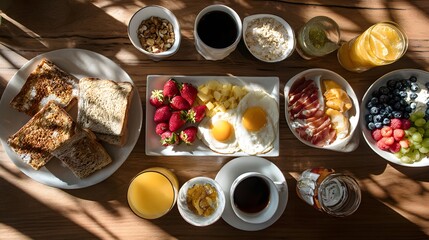 Morning food photography delicious breakfast with fresh fruits and coffee on wooden table