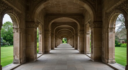 Obraz premium Serene Stone Colonnade - Perspective Through Archway to Tranquil Garden.