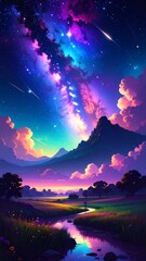 A vibrant digital illustration depicts a night scene with a colorful galaxy, meteors, clouds, mountains, a river, and a field