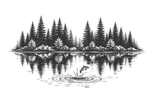 Vintage hand drawn engraving of a dense pine forest reflected in a calm lake with a fish jumping from the water, serene nature vector illustration.