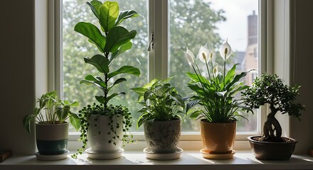 Fototapeta premium Serene Window Sill Garden - Lush Green Plants Bathed in Soft Natural Light.