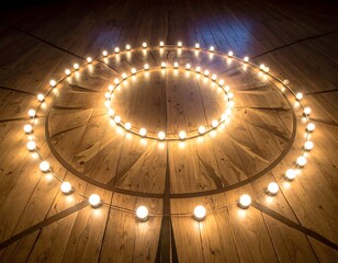 Circular arrangement of illuminated bulbs on a wooden floor, creating shadows
