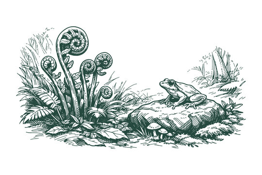 Vintage hand drawn engraving of a small frog sitting on a rock surrounded by unfurling fern leaves and mushrooms, botanical forest vector illustration.