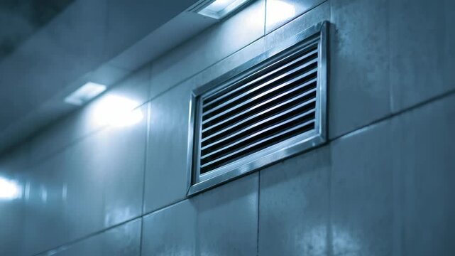Modern ventilation system installed on a tiled wall with visible steam and dramatic lighting in an industrial interior. Airflow and humidity control concept for contemporary buildings