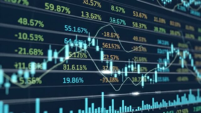 Close-up of a financial graph on a screen displaying various stock market data and trends with a dark background and blue and yellow numbers.