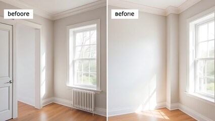 Fototapeta premium upgrade. Interior corner comparison showcasing renovation changes, framed with natural window light and clean architectural lines. real-estate listings.