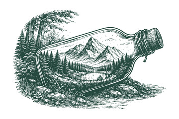 Vintage hand drawn engraving of a detailed mountain and forest landscape inside a glass bottle, creative fantasy nature vector illustration sketch. © Chairul