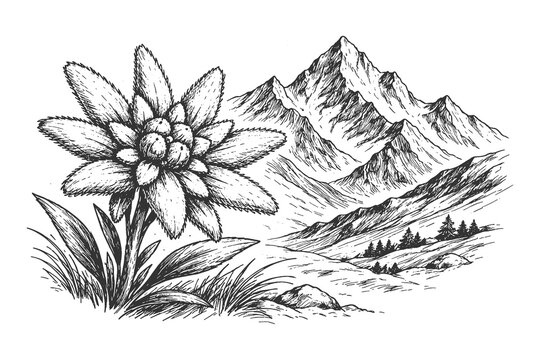 Vintage hand drawn engraving of a detailed Edelweiss flower in the foreground with majestic alpine mountain peaks, botanical nature vector illustration.