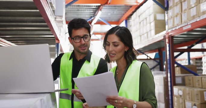 Positive Latin warehouse coworkers making inventory together, using paper consignment, typing on laptop, pointing at different boxes on metal shelves, talking, smiling