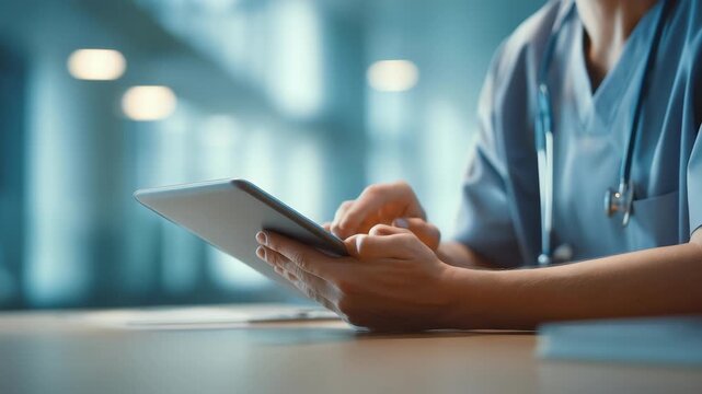 A healthcare professional in blue scrubs uses a digital tablet in a modern medical facility, focusing on patient data management. Technology enhances efficiency in healthcare environments
