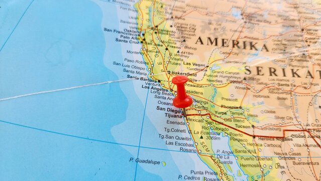 View of Tijuana, Largest city of Baja California, Mexico, on a geographical map of America, marked with red push pin