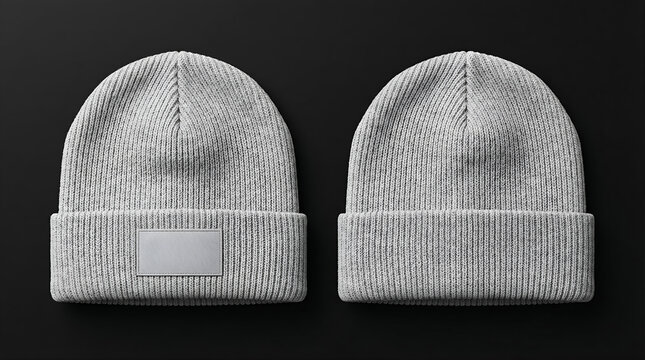 Front and back view of a light grey knitted beanie hat, a perfect blank apparel mockup for winter fashion designs, showcasing casual headwear for branding or customization