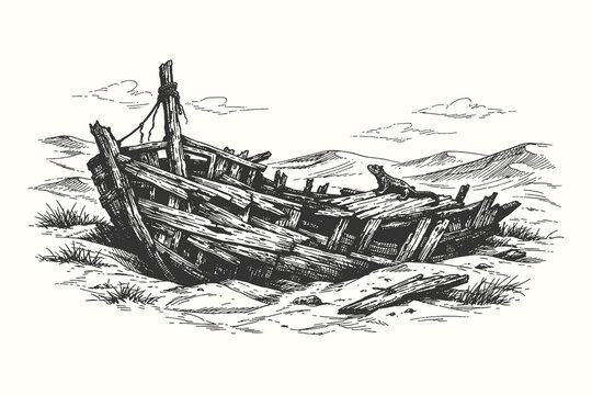 Wrecked wooden ship stranded on a sandy shore with distant mountains, vintage hand drawn engraving style vector illustration of a shipwreck.