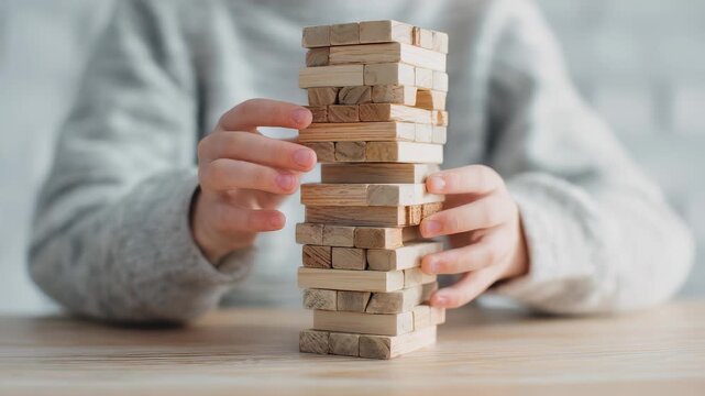 Child carefully playing with a wooden block tower game, focusing on balance and precision. The hands delicately remove a piece, highlighting concentration and fine motor skills