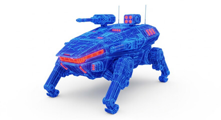 Futuristic blue robotic spider tank with red lights and gun. © Salsa