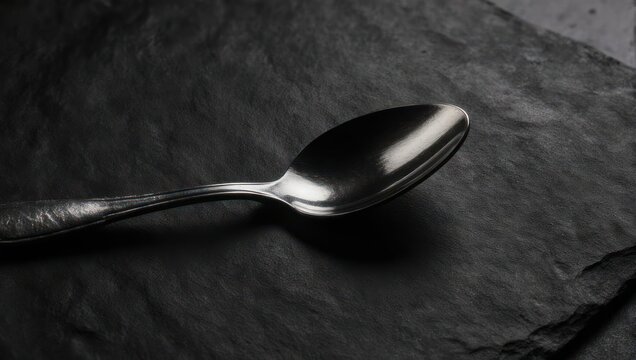 Elegant silver spoon resting on a dark textured slate background in black and white.