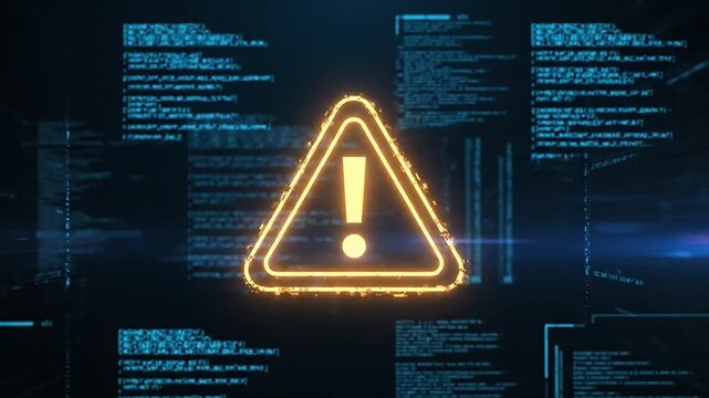 A glowing warning sign displayed on a dark digital background with code snippets and exclamation mark