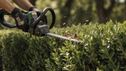 Gardener Trimming Green Hedge with Electric Hedge Trimmer.